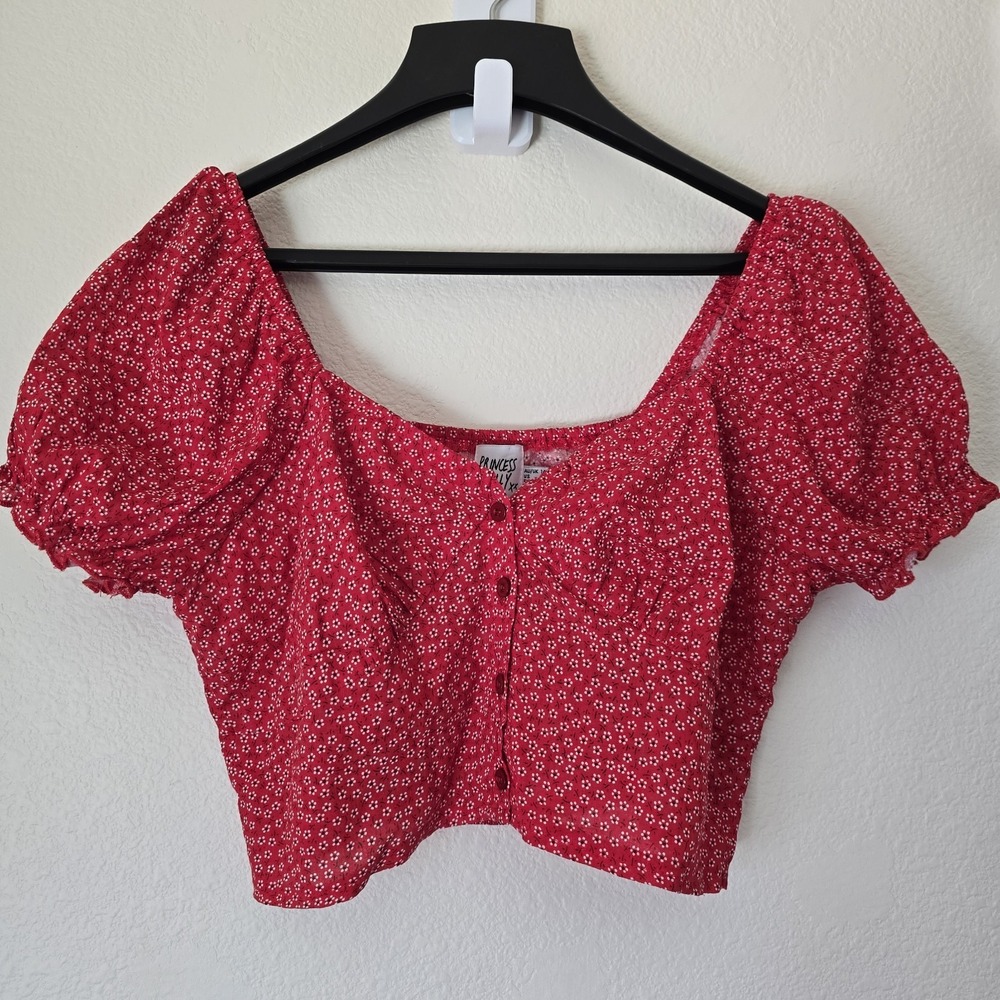 Princess Polly Red Floral Laura Crop Top Button Up Sz 10 Smock Lightweight Ditsy